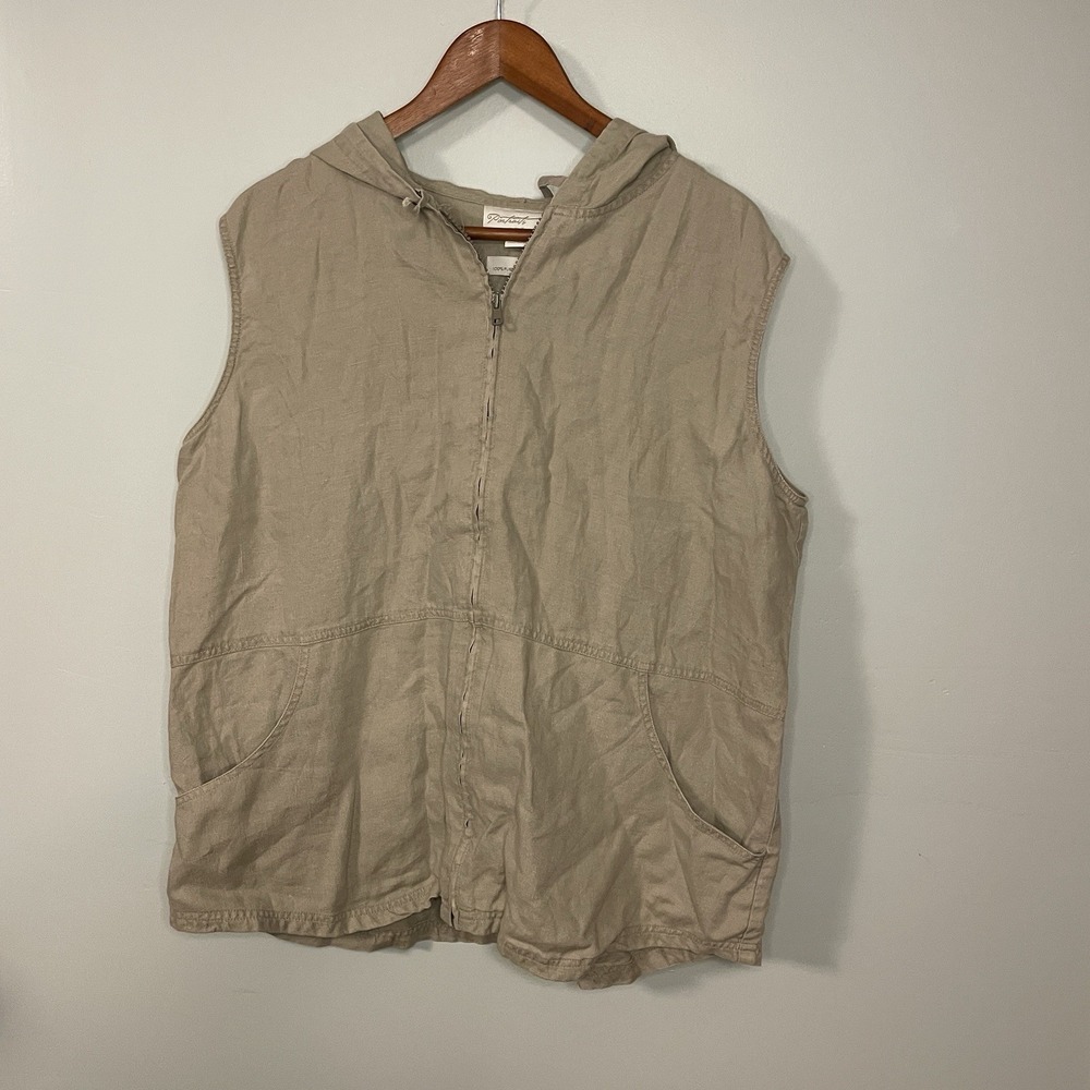 Vtg Portraits‎ by Northern Isles Size L 100% Linen Zip Up Hooded Vest Lagenlook